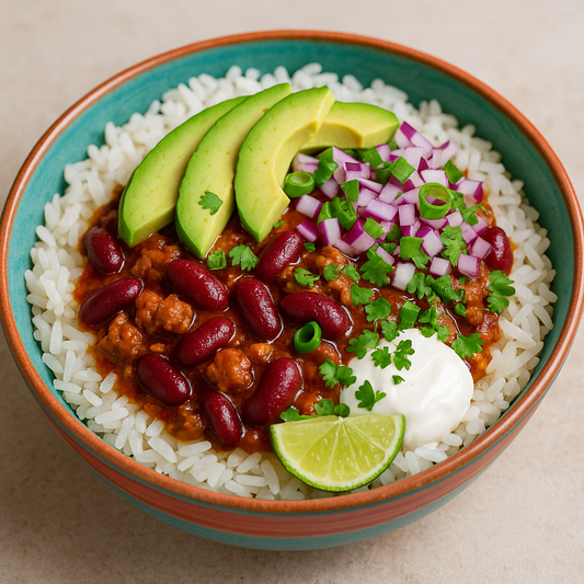 Würzige Chili con Carne Bowl mit Reis und Avocado Topping