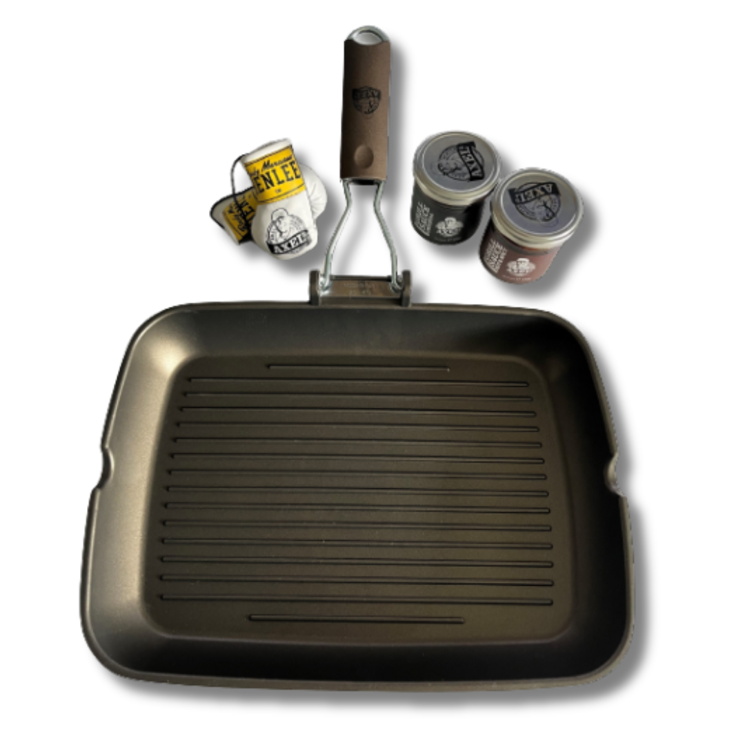 AXEL's Super Grillbundle - Olivilla Extra Grill-Pfanne inkl. Grillsaucen + Grillmarinaden + Mini Boxandschuhe
