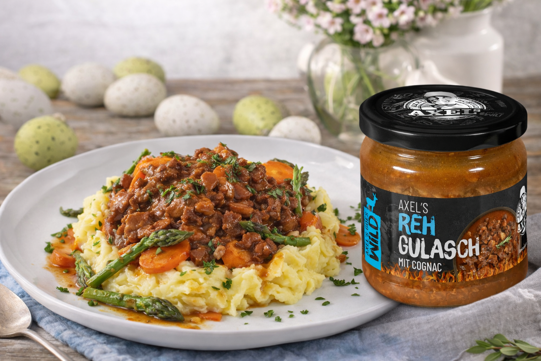 Rehgulasch mit Kartoffelstampf & Frühlingsgemüse (schnell & festlich)