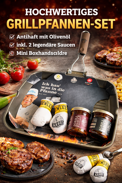 AXEL's Grillbundle - Olivilla Extra Grill-Pfanne inkl. Gourmetsaucen + Mini Boxandschuhe