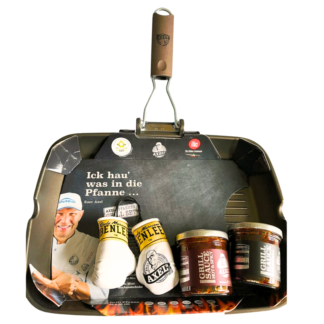 AXEL's Grillbundle - Olivilla Extra Grill-Pfanne inkl. Grillsaucen + Mini Boxandschuhe