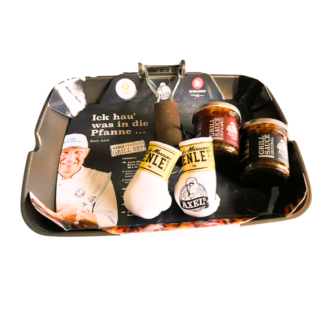 AXEL's Grillbundle - Olivilla Extra Grill-Pfanne inkl. Grillsaucen + Mini Boxandschuhe